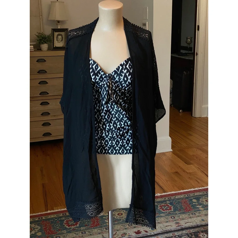 Love Cameron Los Angeles Black Crochet Lace Trim Kimono Wrap 282997 Missy‎ S